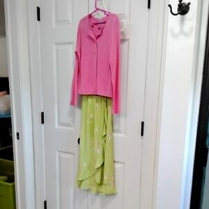 Chic Pink and Green A-Line High Low Maxi Skirt with matching cardigan set